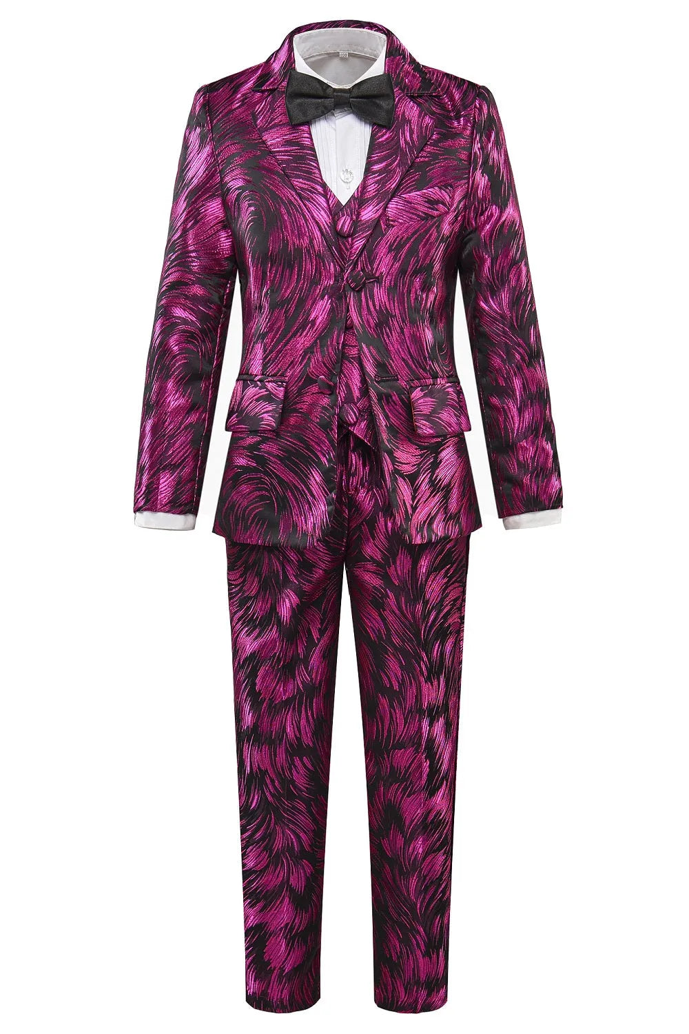 Fuchsia boys' 5-piece suit: Swirl feather pattern blazer/vest/pants, formal party banquet wear with black bowtie