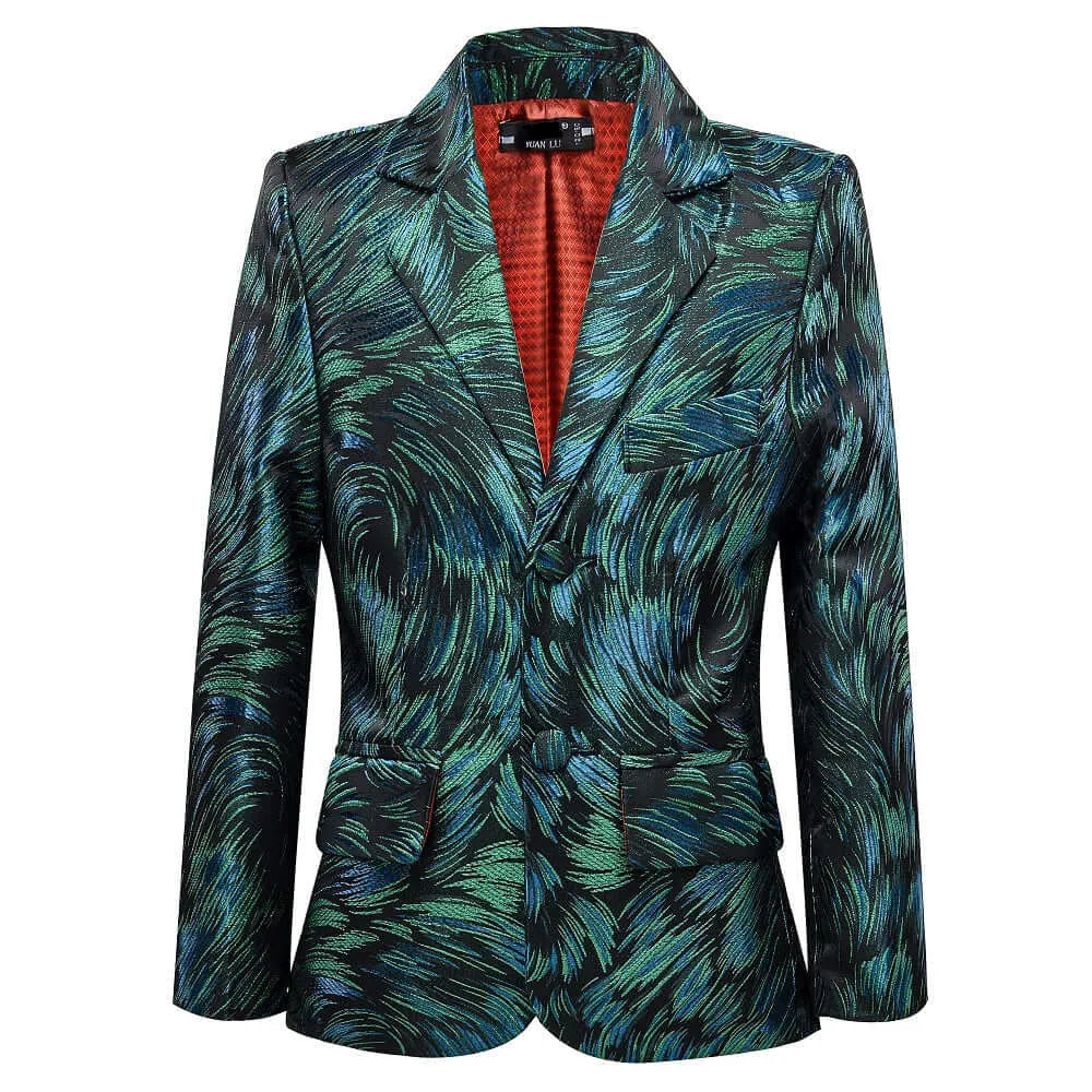 Green boys' blazer: Teal & blue swirl pattern with red check lining, formal party jacket