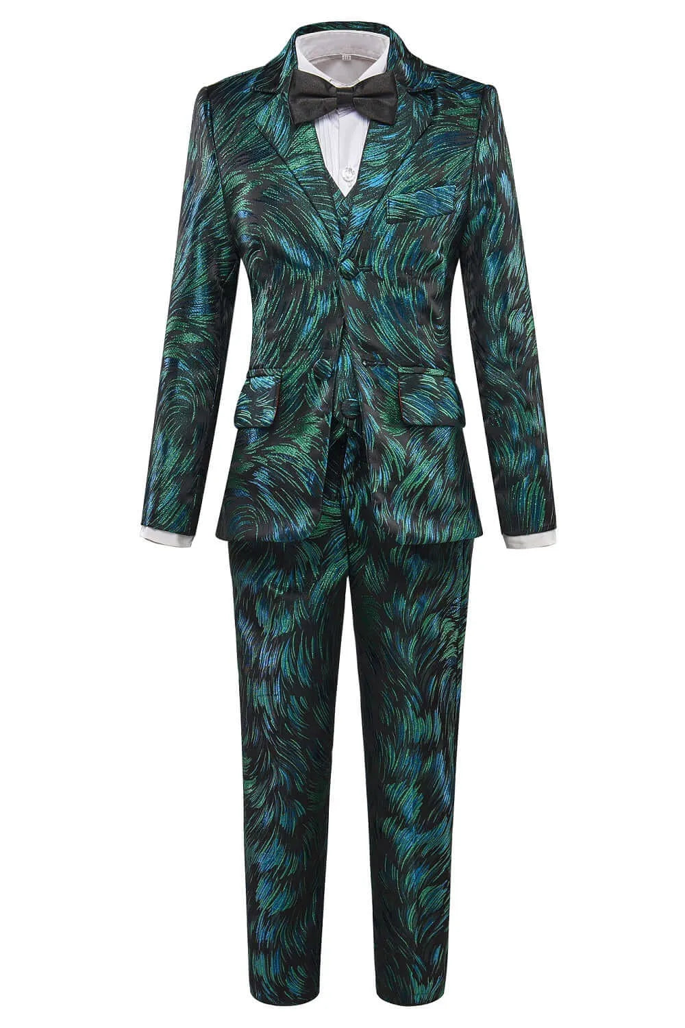 Green boys' 5-piece suit: Unique teal swirl leaf pattern, formal party wear with black bowtie