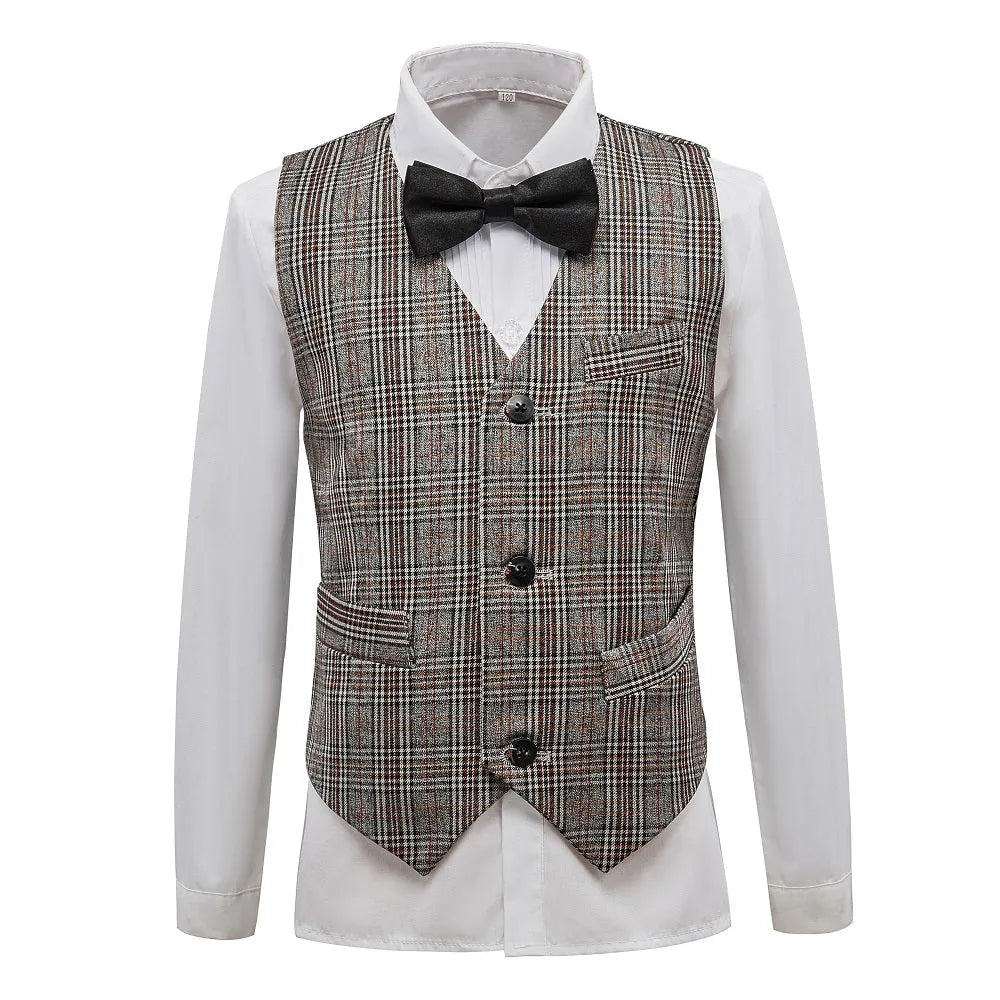 Boys plaid vest with black bow tie and white shirt, ideal for formal occasions or page boy outfits