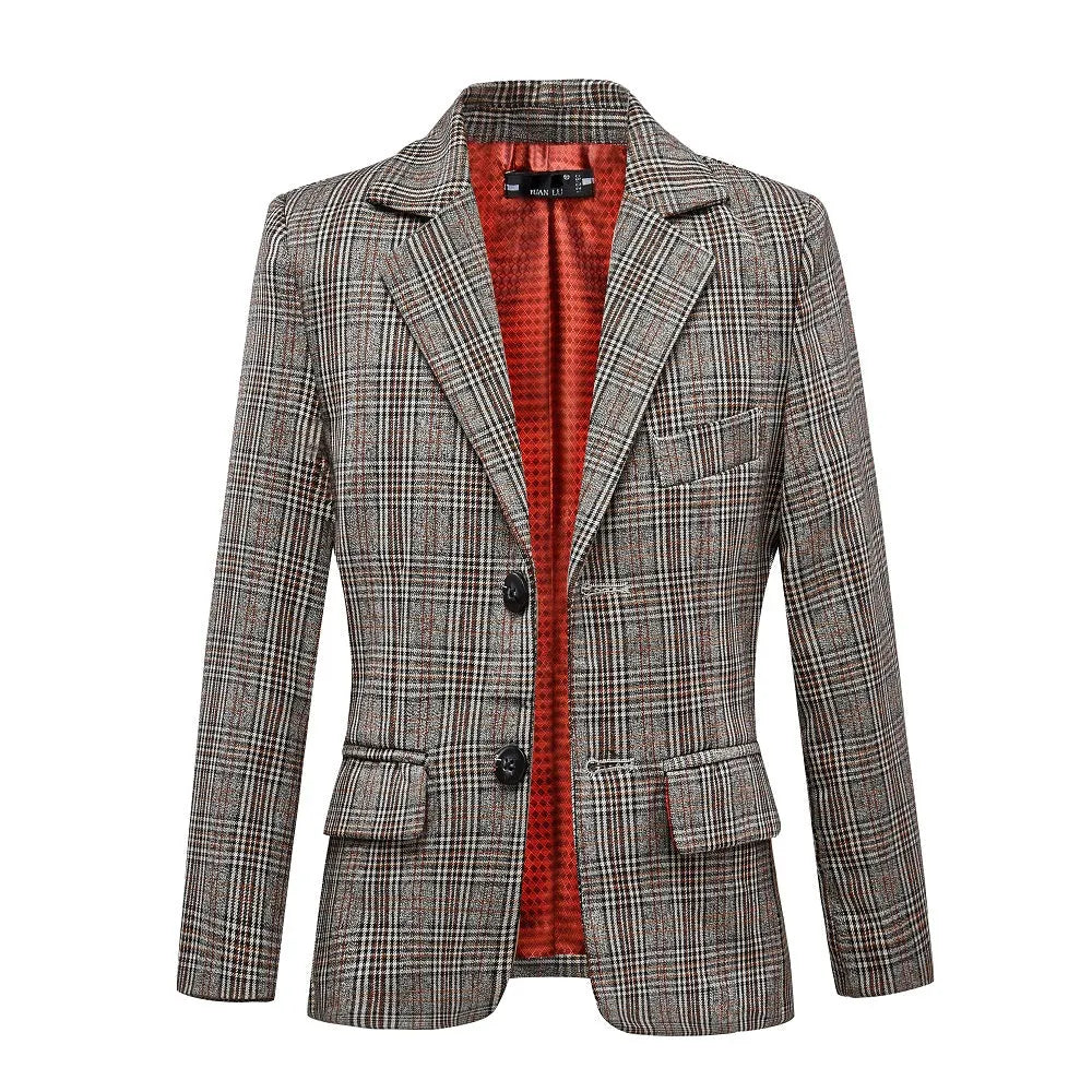 Interior view of grey and brown plaid boys blazer showing red lining and notched lapels