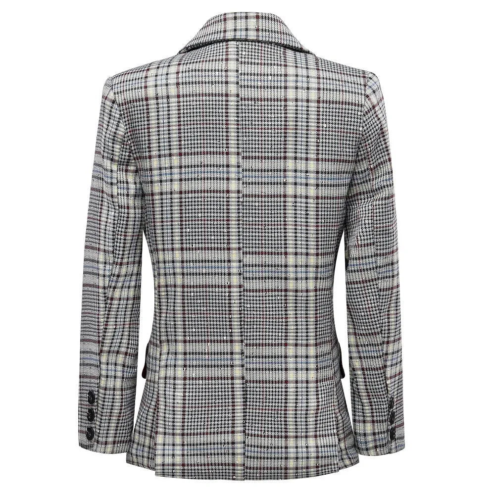 Back view of boys formal plaid suit jacket with structured tailoring