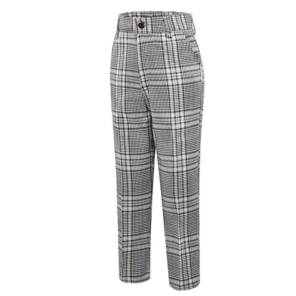 Boys dress pants in grey and white plaid pattern with button waistband