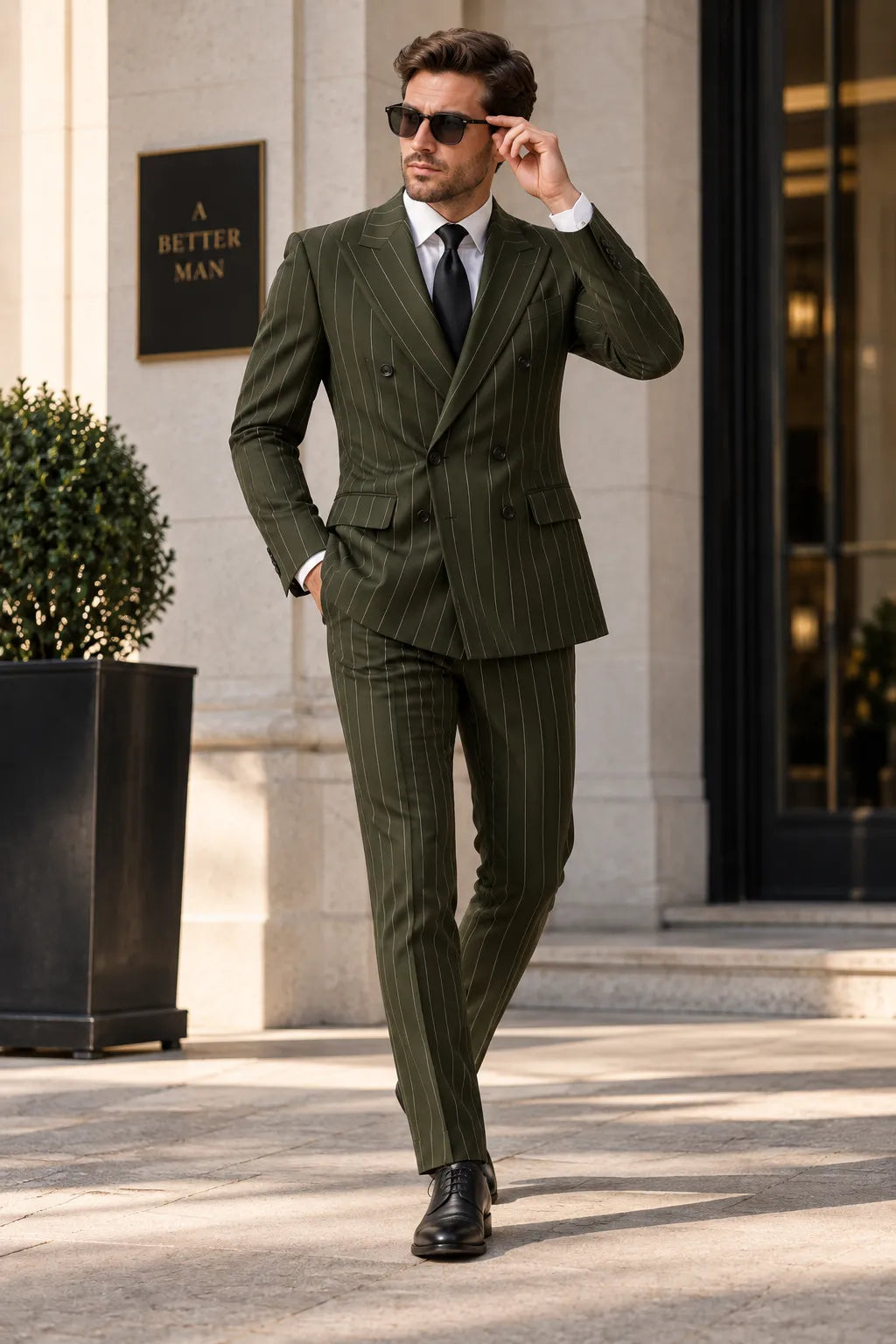 Men's Green Pinstripe Double Breasted 2 Piece Suit