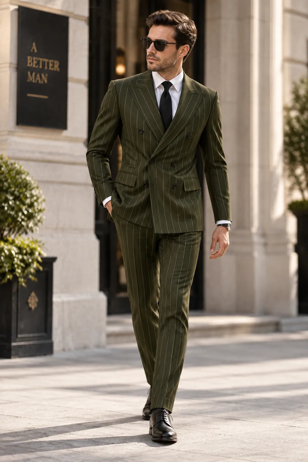 Men's Green Pinstripe Double Breasted 2 Piece Suit