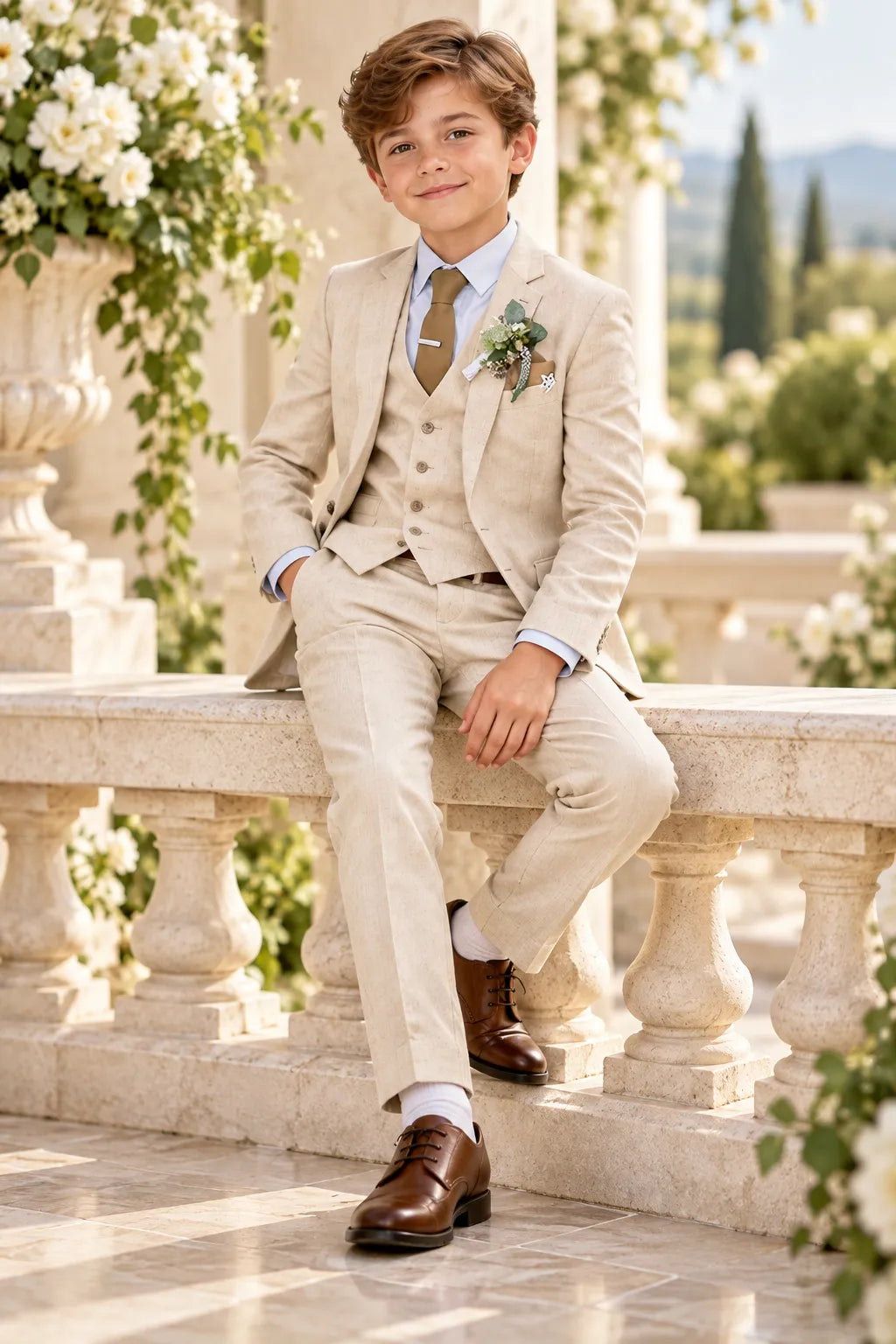 Boys Summer Linen Wedding 3 Piece Suit