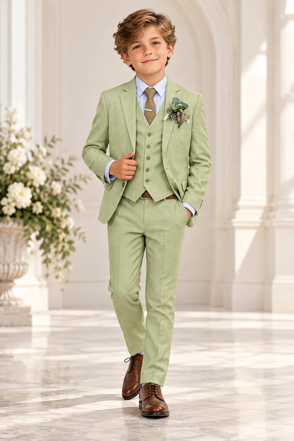 Boys Summer Linen Wedding 3 Piece Suit