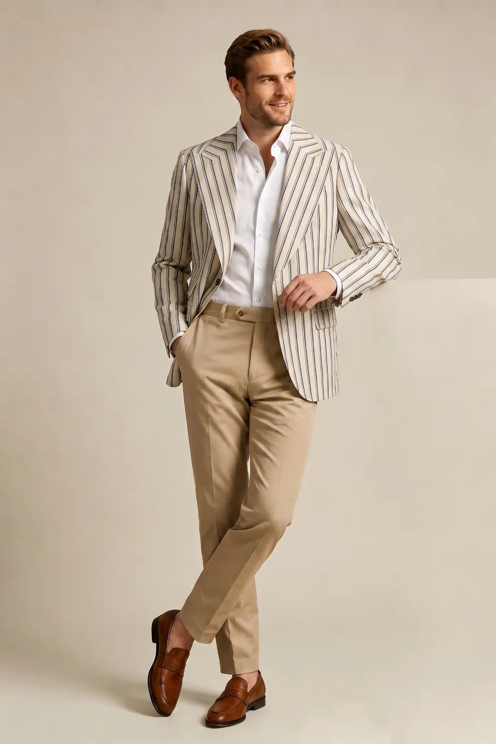 Men's Cream Striped Peak Lapel Blazer
