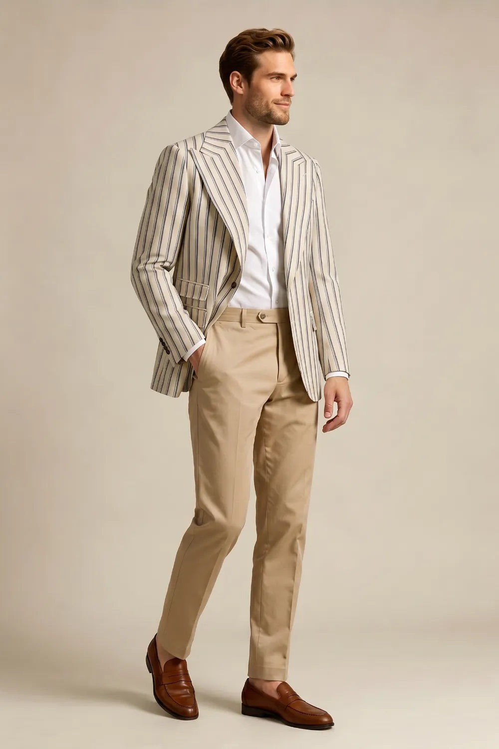 Men's Cream Striped Peak Lapel Blazer