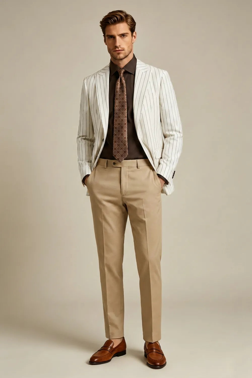Men's Ivory Pinstripe Peak Lapel 2 Piece Suit