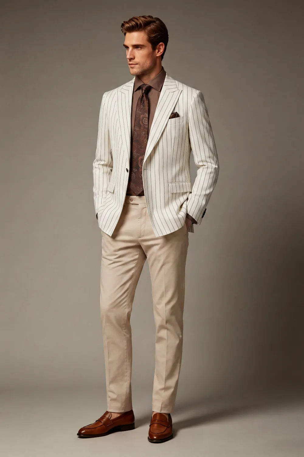 Men's Ivory Pinstripe Peak Lapel 2 Piece Suit
