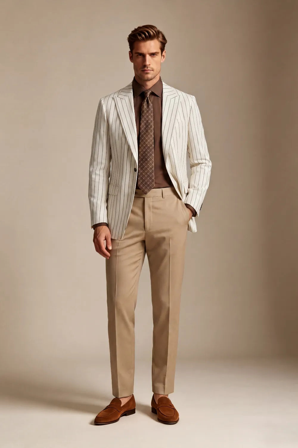 Men's Ivory Pinstripe Peak Lapel 2 Piece Suit