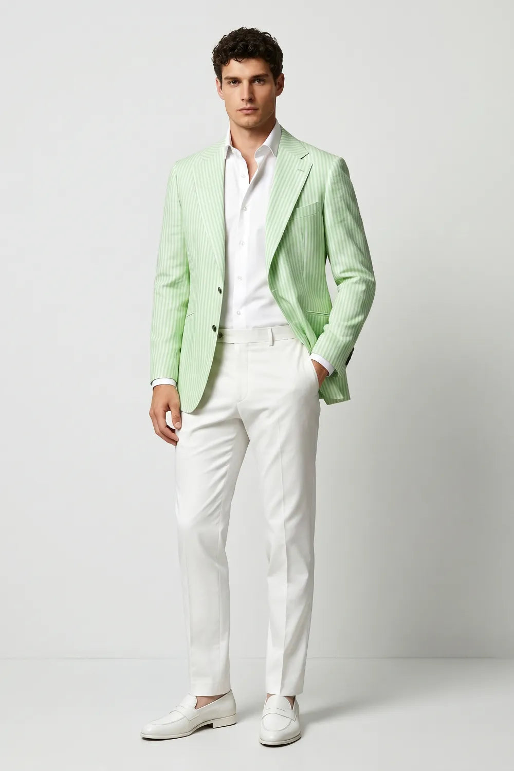 Men's Light Green Striped Wide Notch Lapel Seersucker Blazer