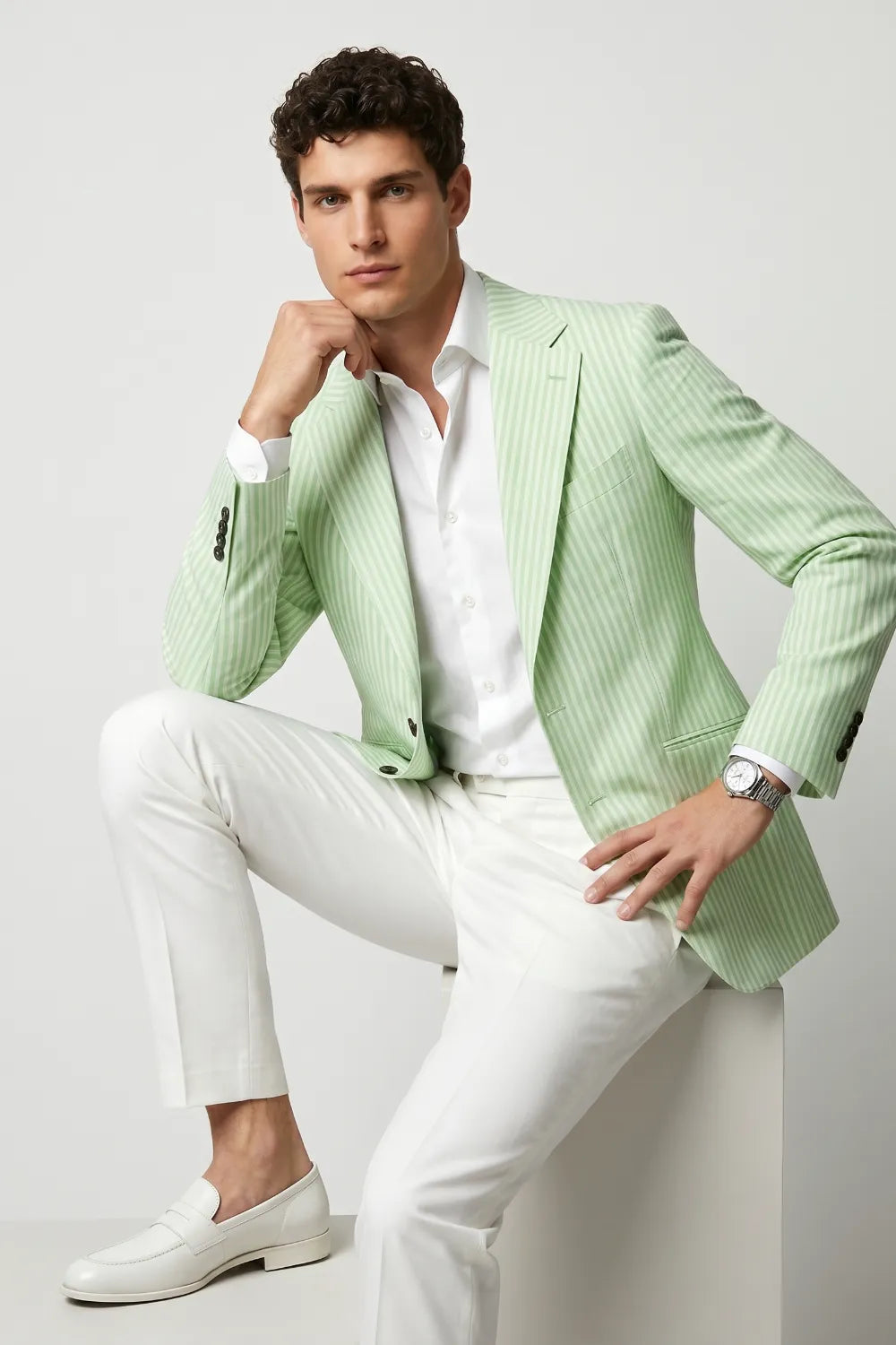Men's Light Green Striped Wide Notch Lapel Seersucker Blazer