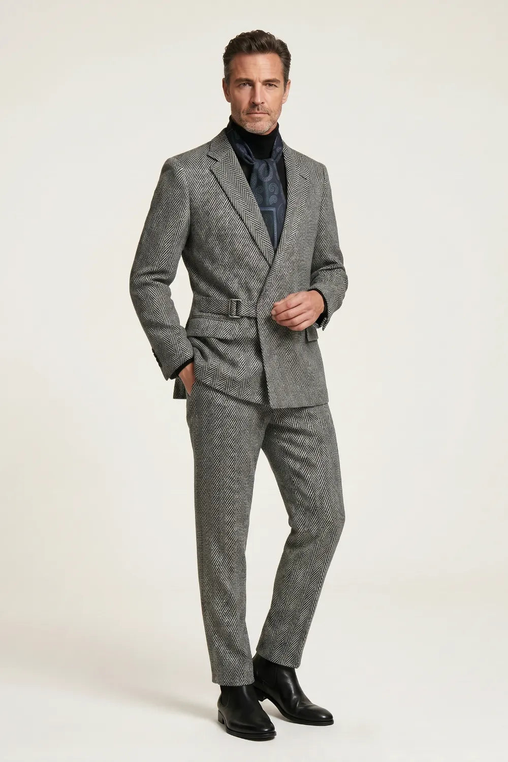 Men's Black White Herringbone Belted Suit