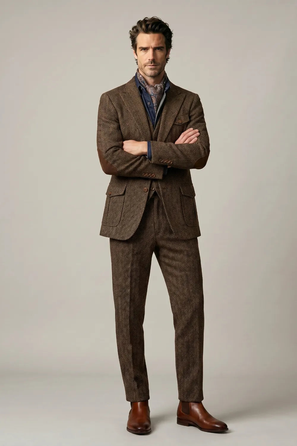 Men's Brown Herringbone Tweed 3-Piece Suit