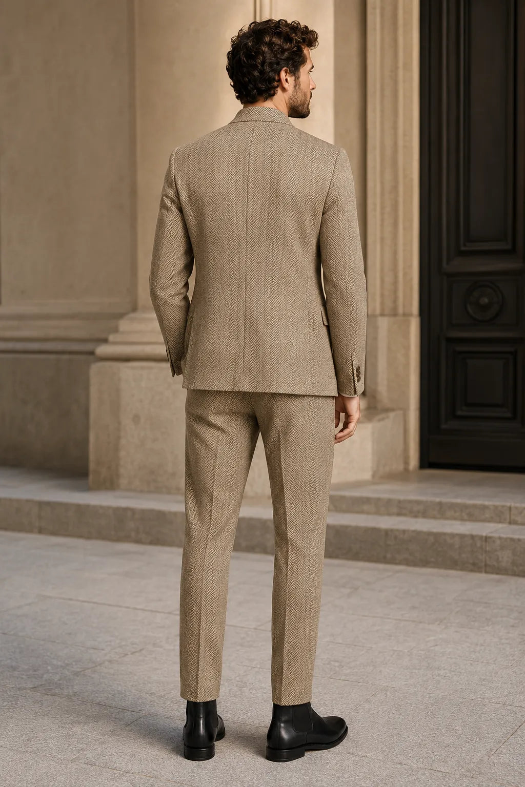 Men's Mandarin Collar Herringbone 2 Piece Suit