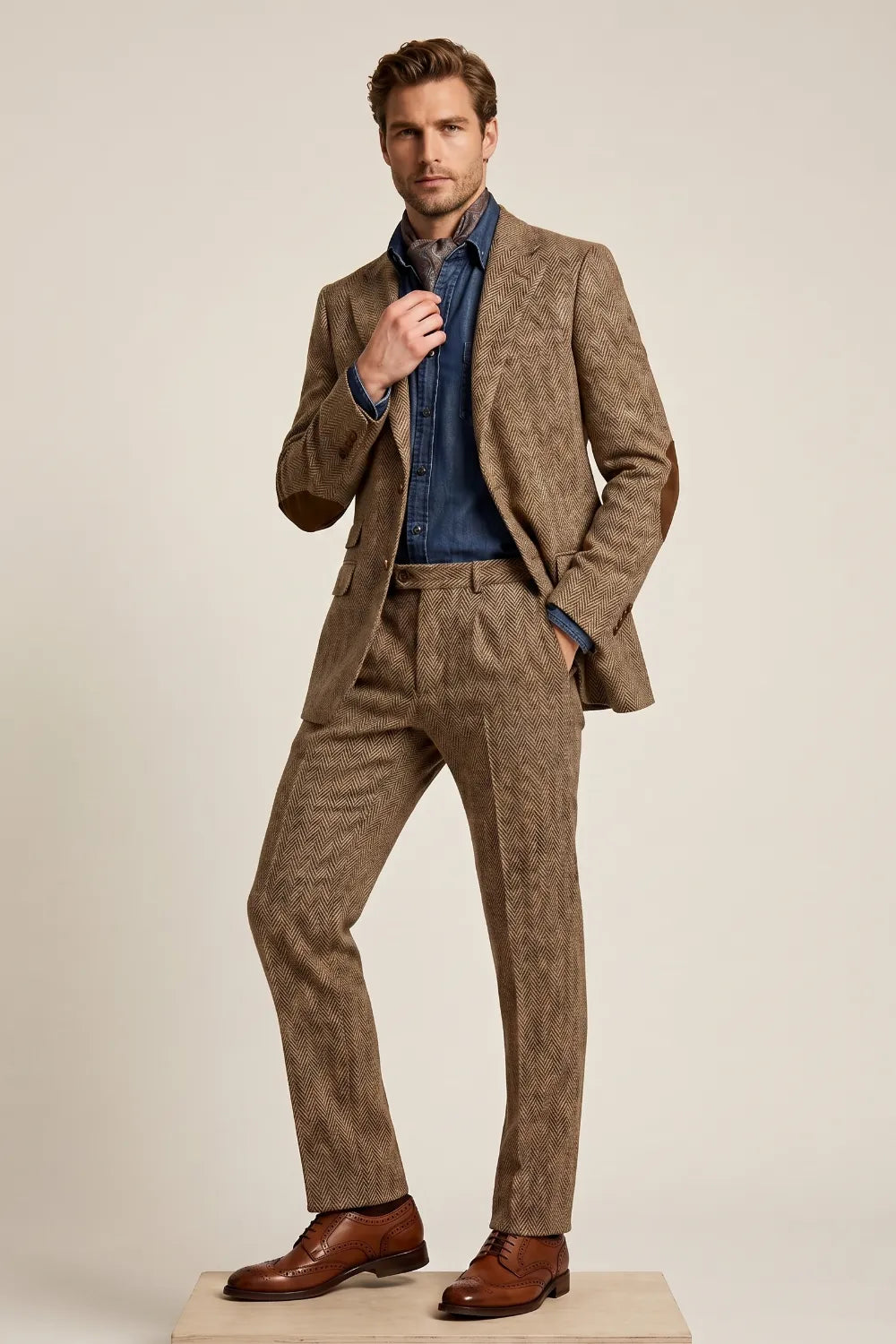 Men's Camel Herringbone Tweed 2-Piece Suit