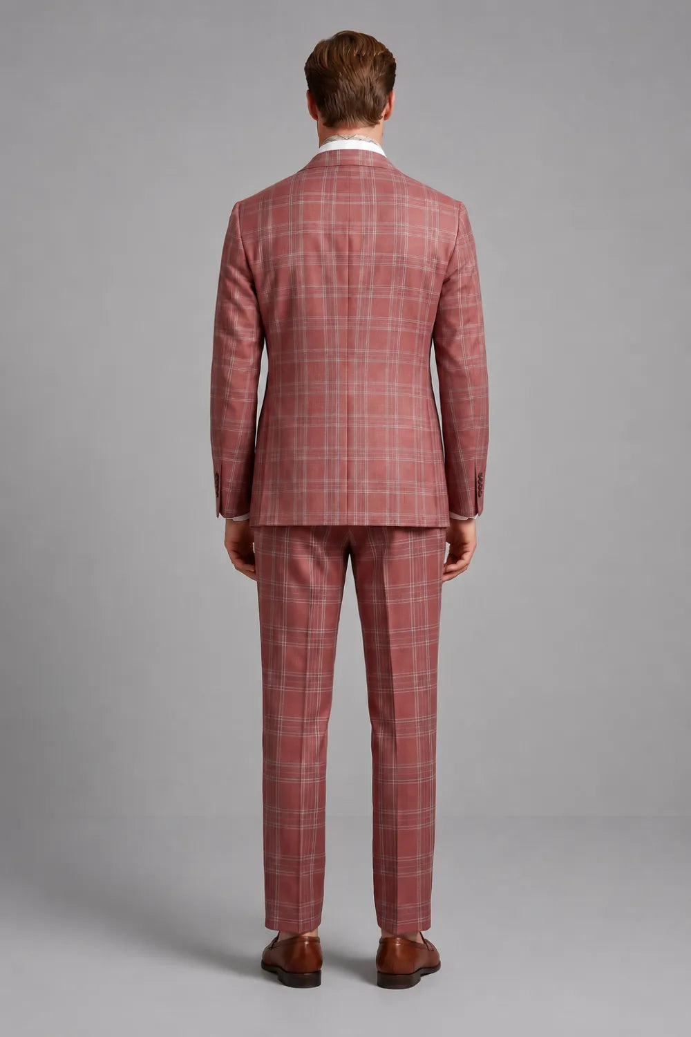 Men's Brick Red Windowpane Wide Peak Lapel 3 Piece Suit