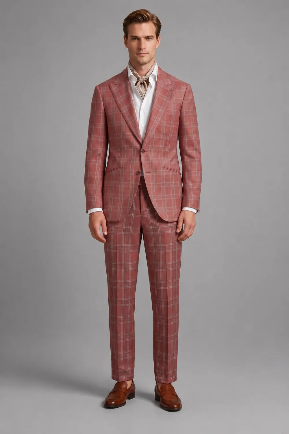 Men's Brick Red Windowpane Wide Peak Lapel 3 Piece Suit