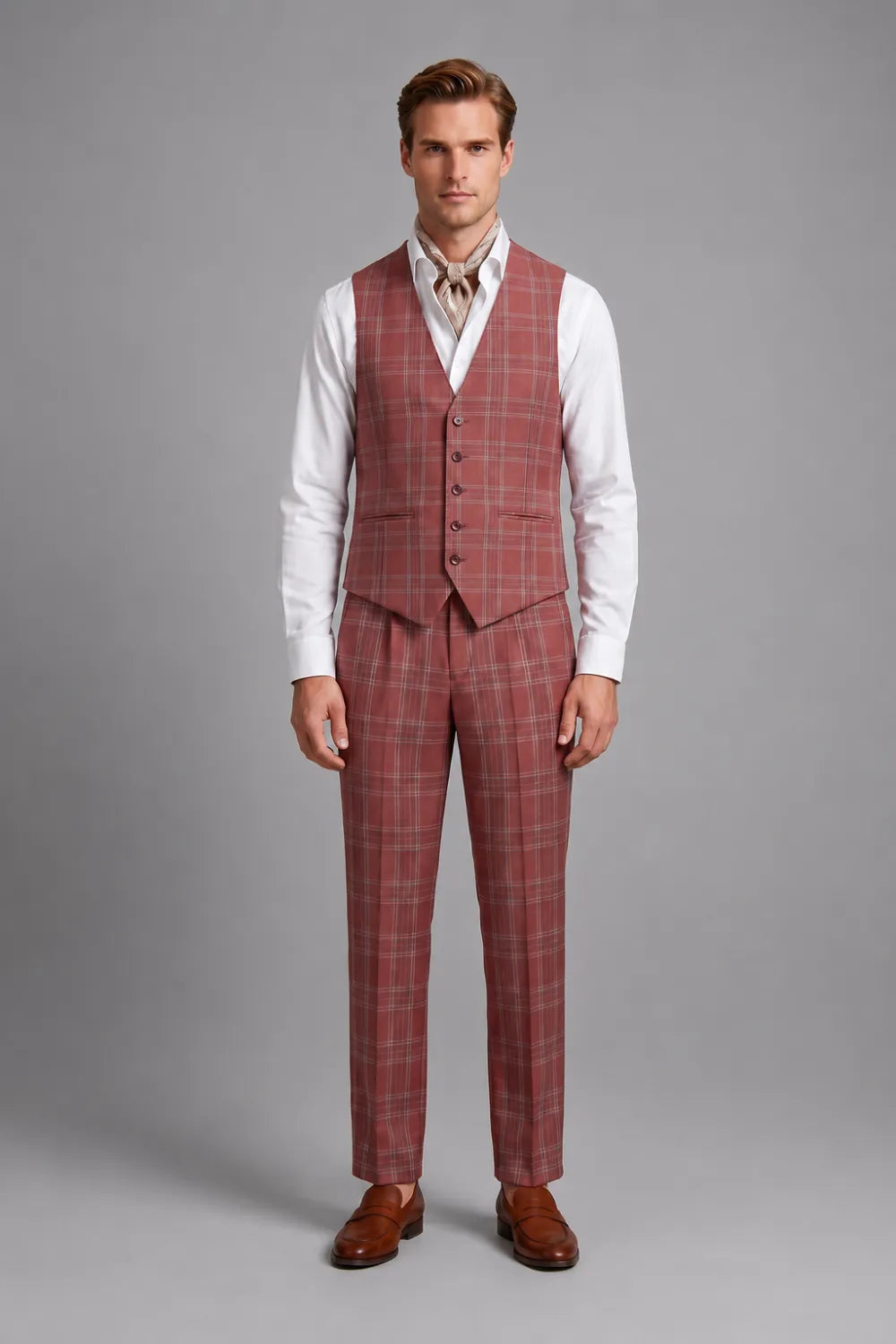 Men's Brick Red Windowpane Wide Peak Lapel 3 Piece Suit
