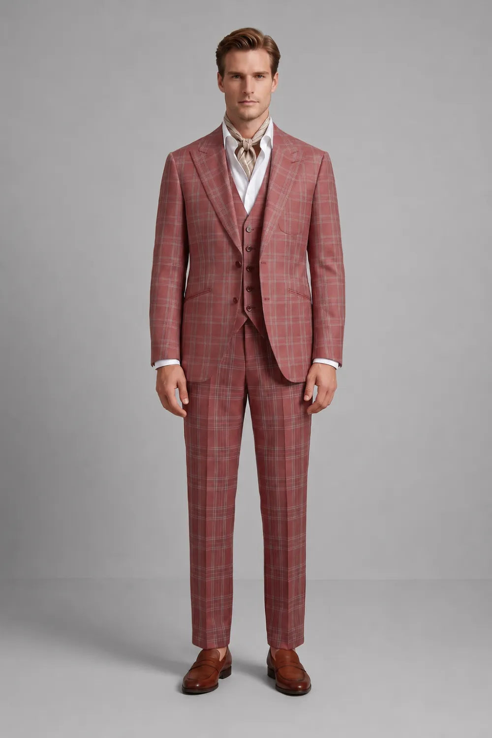 Men's Brick Red Windowpane Wide Peak Lapel 3 Piece Suit