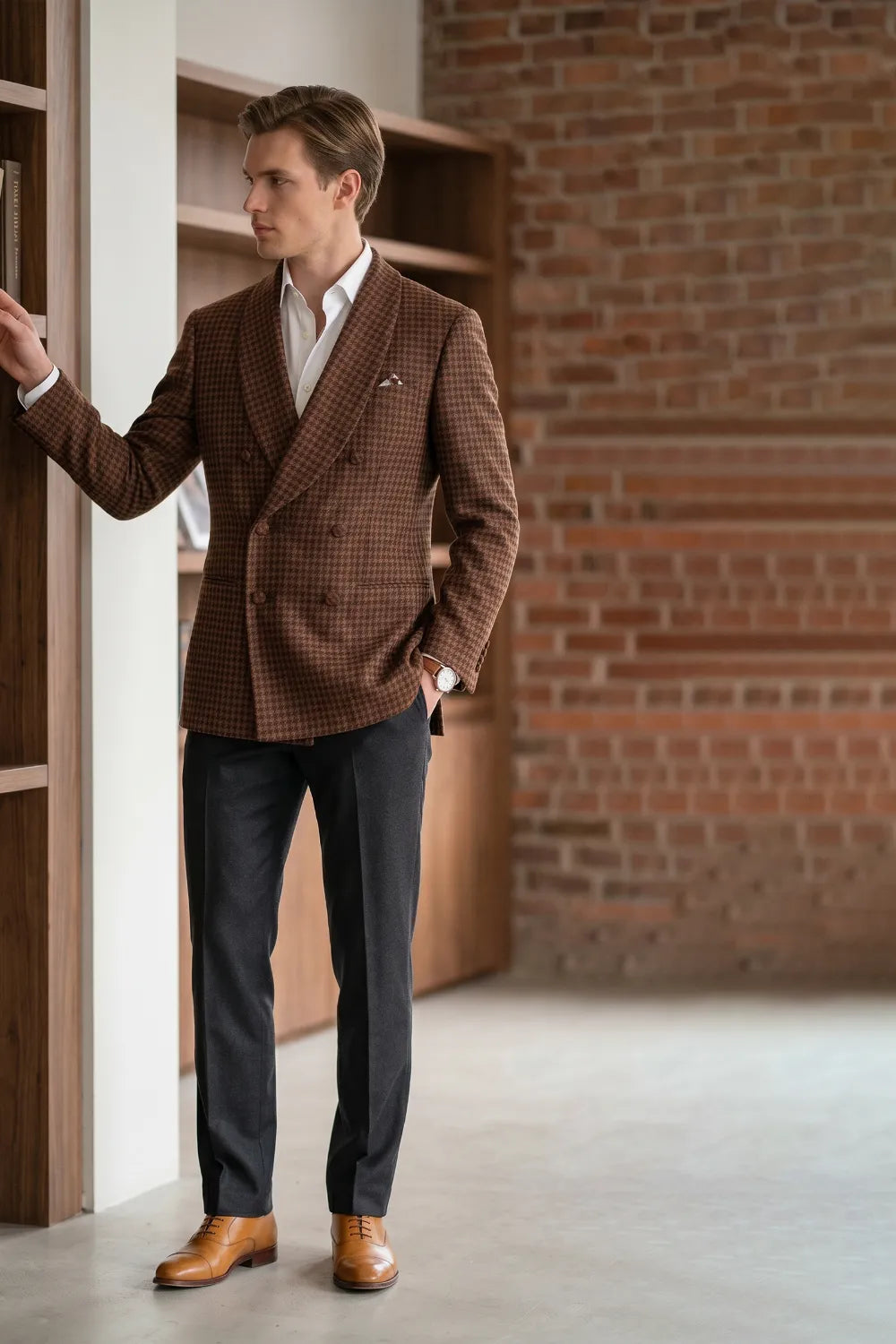 Men's Brown Houndstooth Double-Breasted 2 Piece Suit