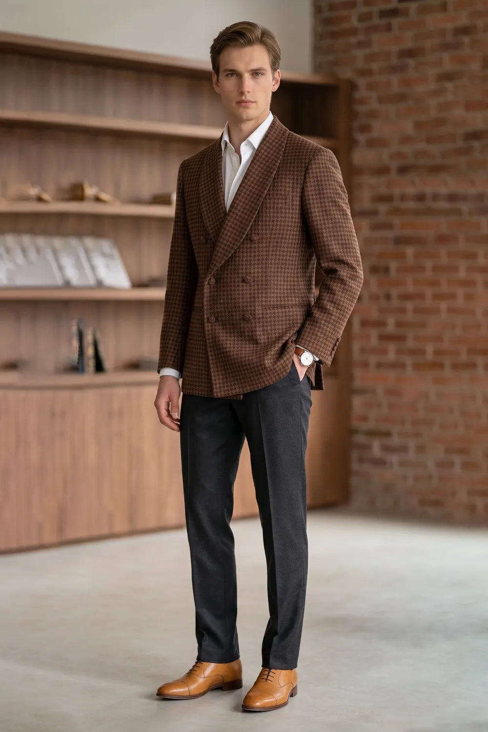 Men's Brown Houndstooth Double-Breasted 2 Piece Suit