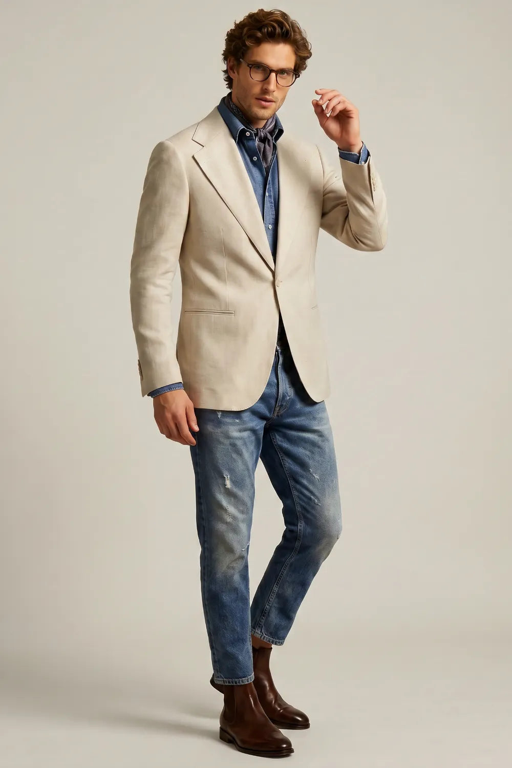 Men's Cream Notch Lapel Linen One Button Blazer