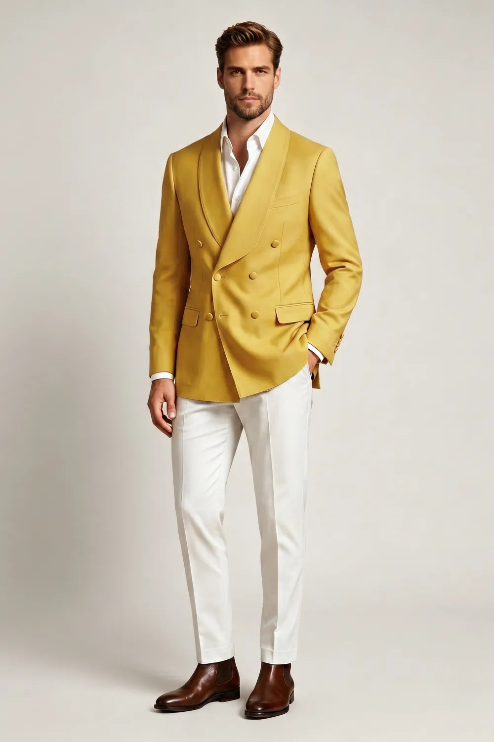 Men's Gold Double Breasted Shawl Lapel 2-Piece Suit