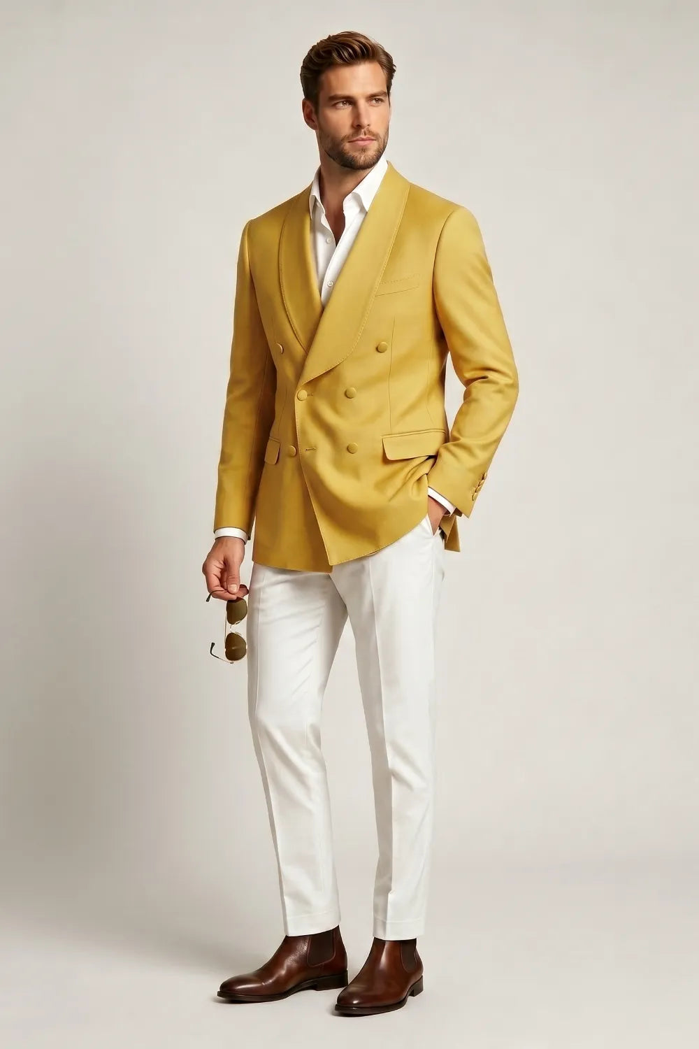 Men's Gold Double Breasted Shawl Lapel 2-Piece Suit