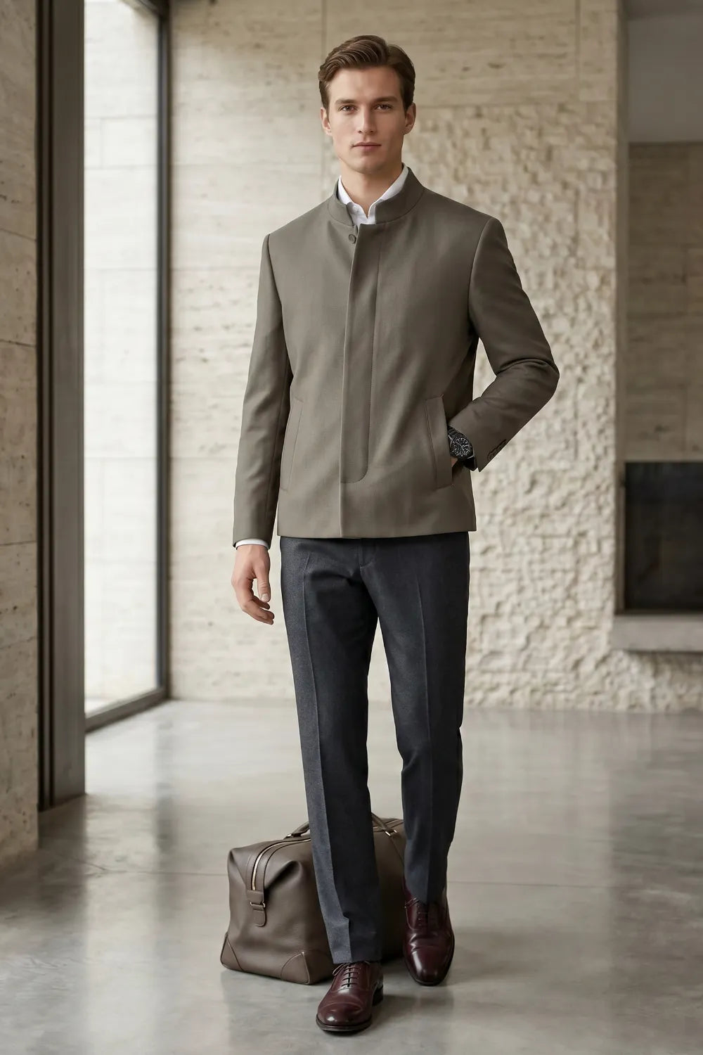 Men's Modern Mandarin Collar 2 Piece Suit