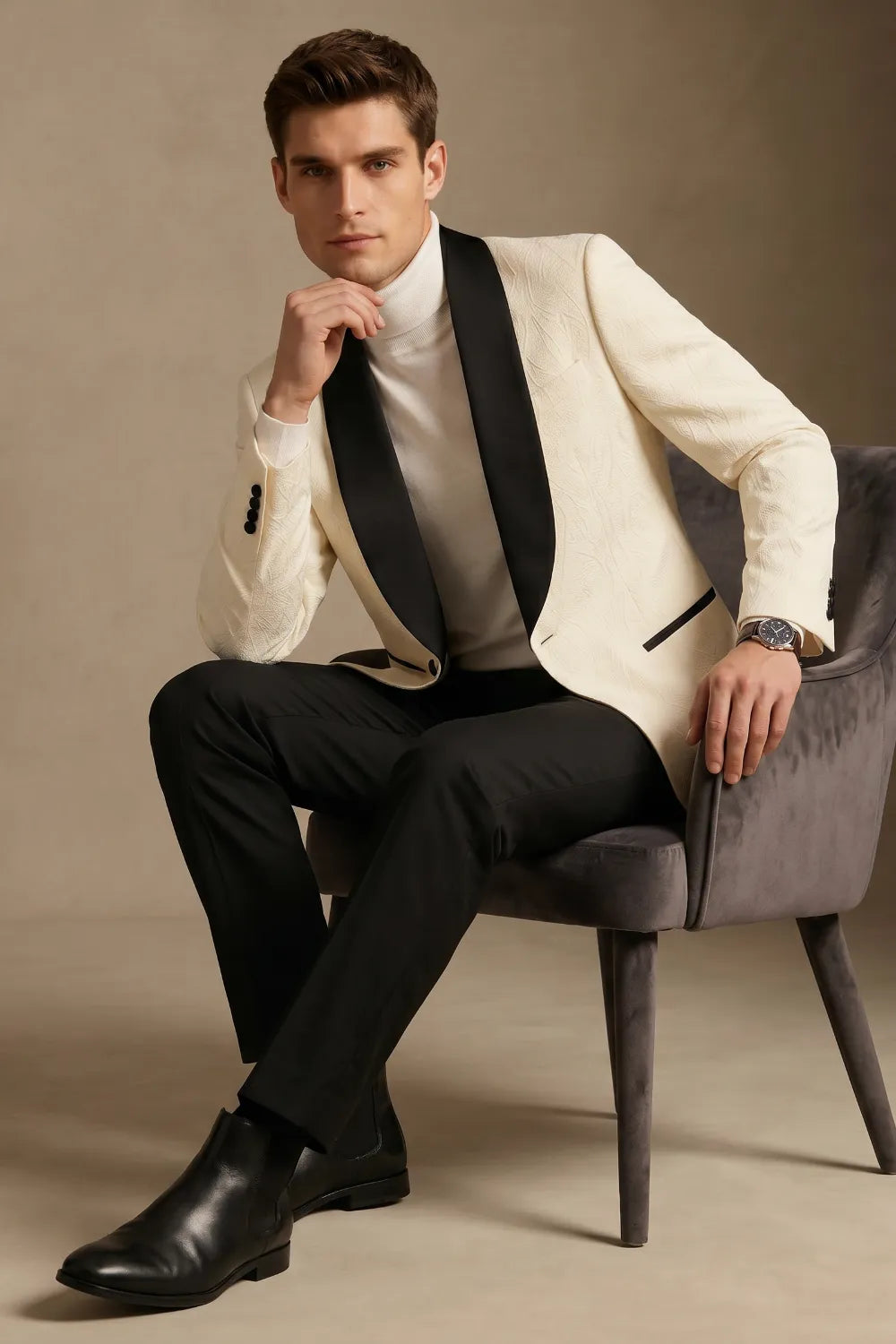 Men's Ivory Jacquard Black Shawl Lapel 2-Piece Tuxedo Suit