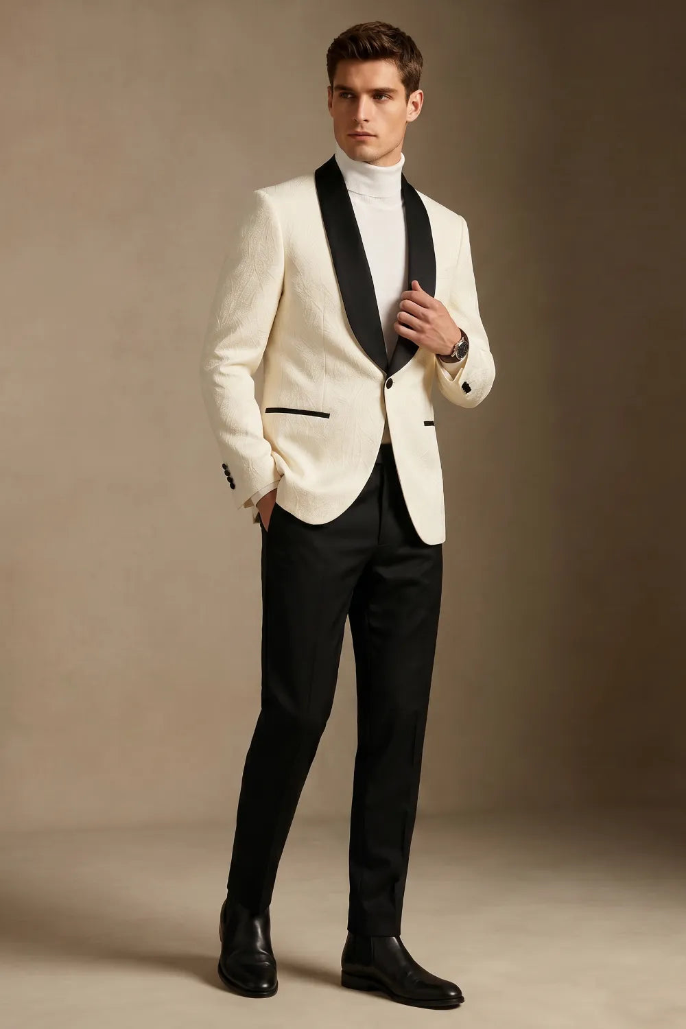 Men's Ivory Jacquard Black Shawl Lapel 2-Piece Tuxedo Suit