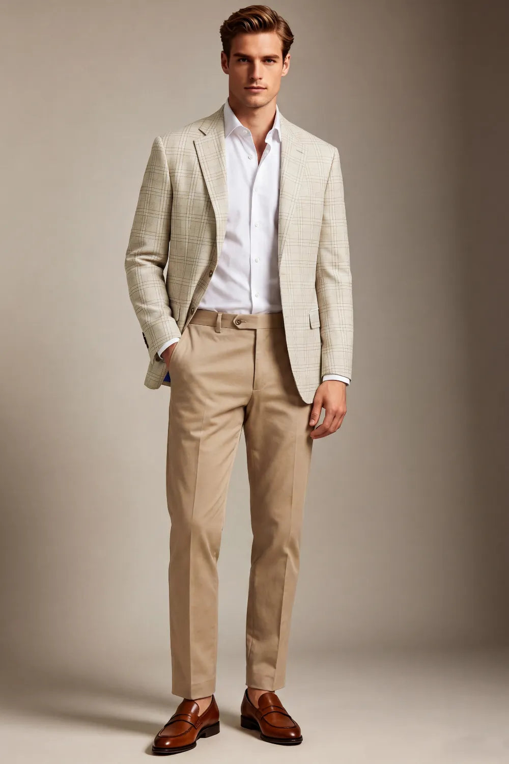 Men's Light Beige Windowpane 2 Piece Suit