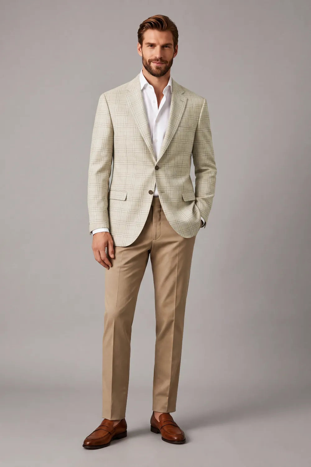 Men's Light Beige Windowpane 2 Piece Suit