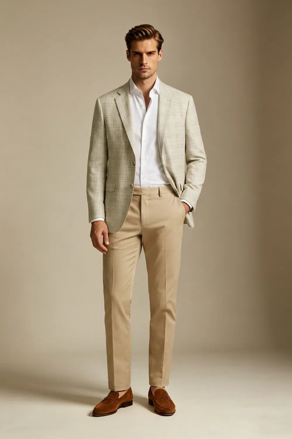 Men's Light Beige Windowpane 2 Piece Suit