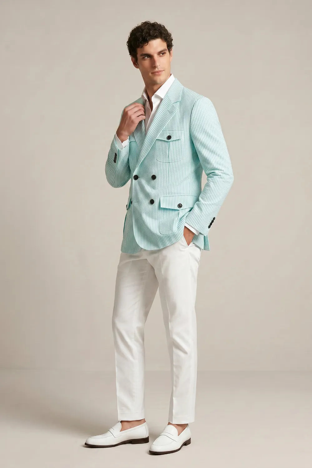 Men's Mint Green Striped Double Breasted Seersucker Blazer