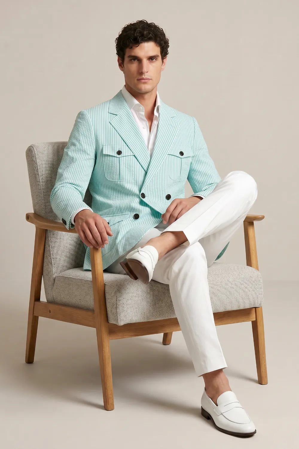 Men's Mint Green Striped Double Breasted Seersucker Blazer