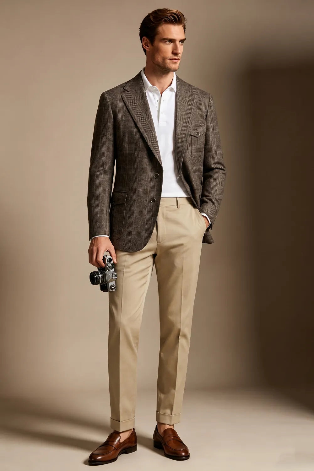Men's Taupe Brown Glen Plaid Single Breasted 2 Piece Suit