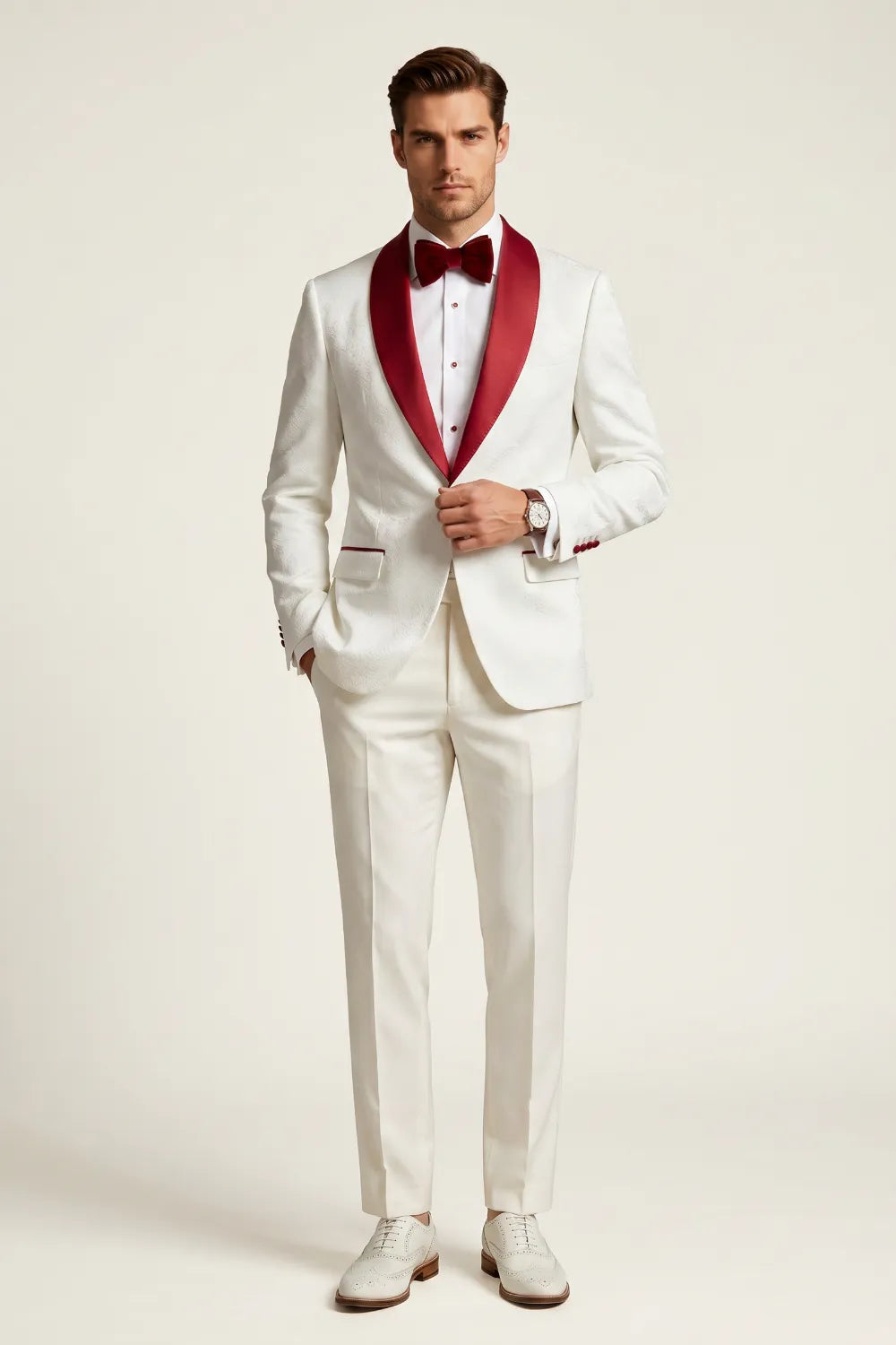 Men's White And Red Shawl Lapel Jacquard 2-Piece Tuxedo Suit