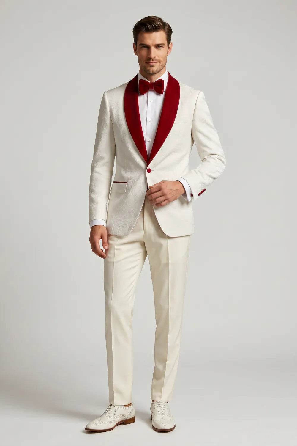 Men's White And Red Shawl Lapel Jacquard 2-Piece Tuxedo Suit