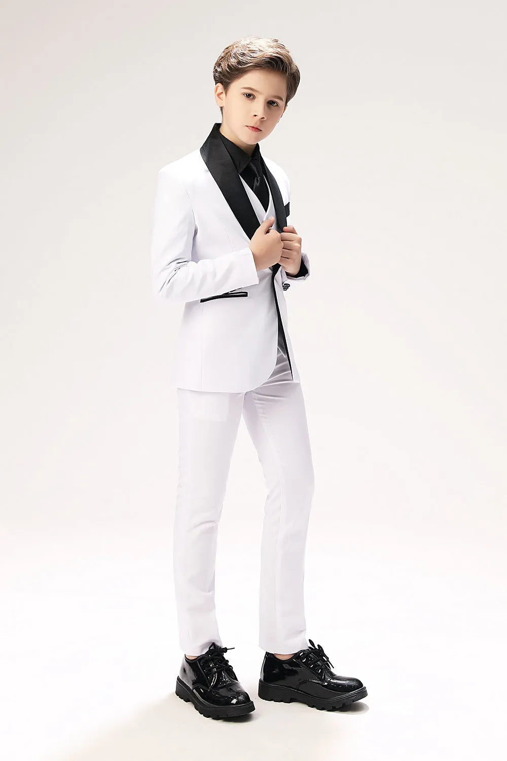 White toddler formal suit with black lapel and slim fit design
