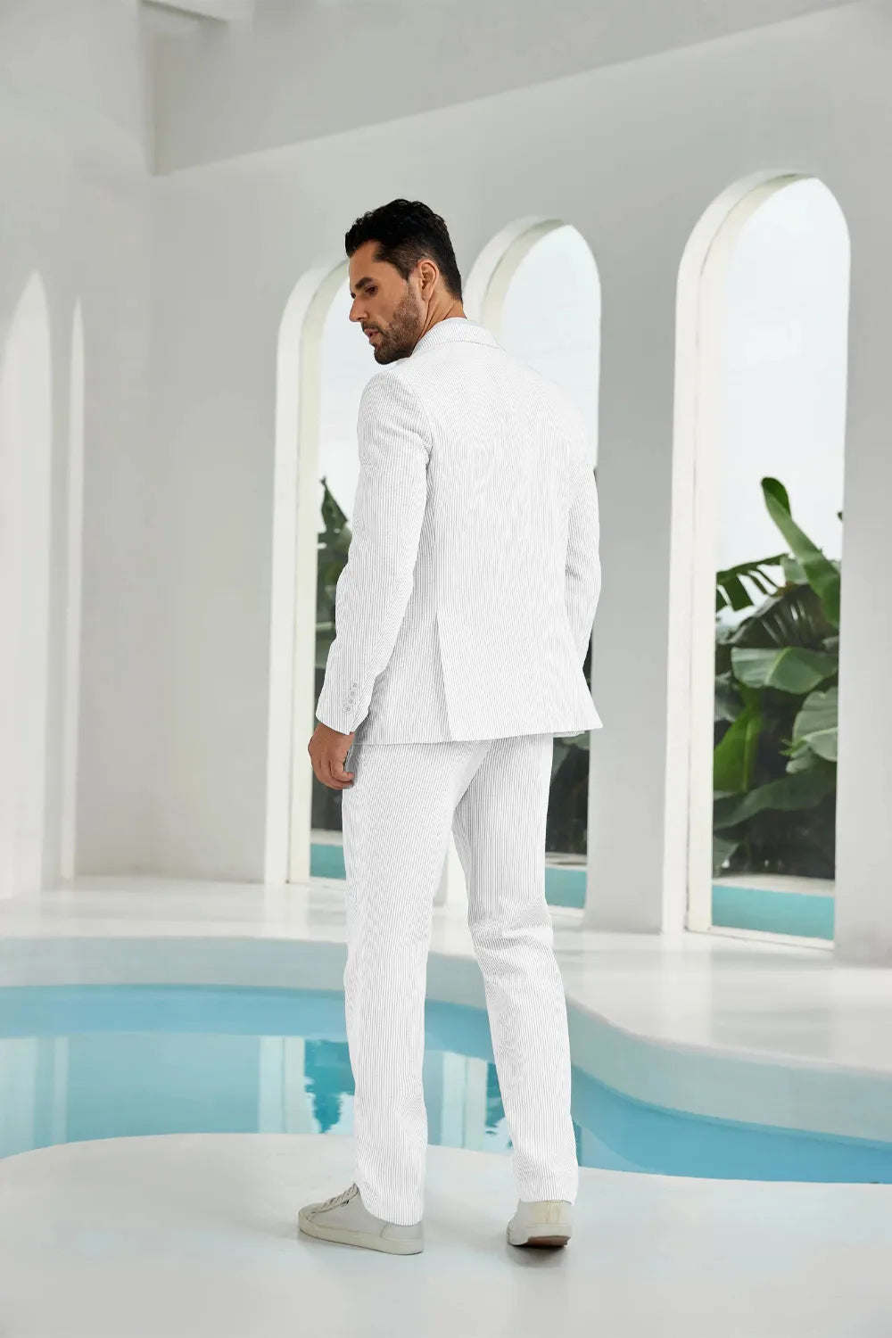 White seersucker double breasted blazer pants 2 piece men's summer suit upgrade version back display