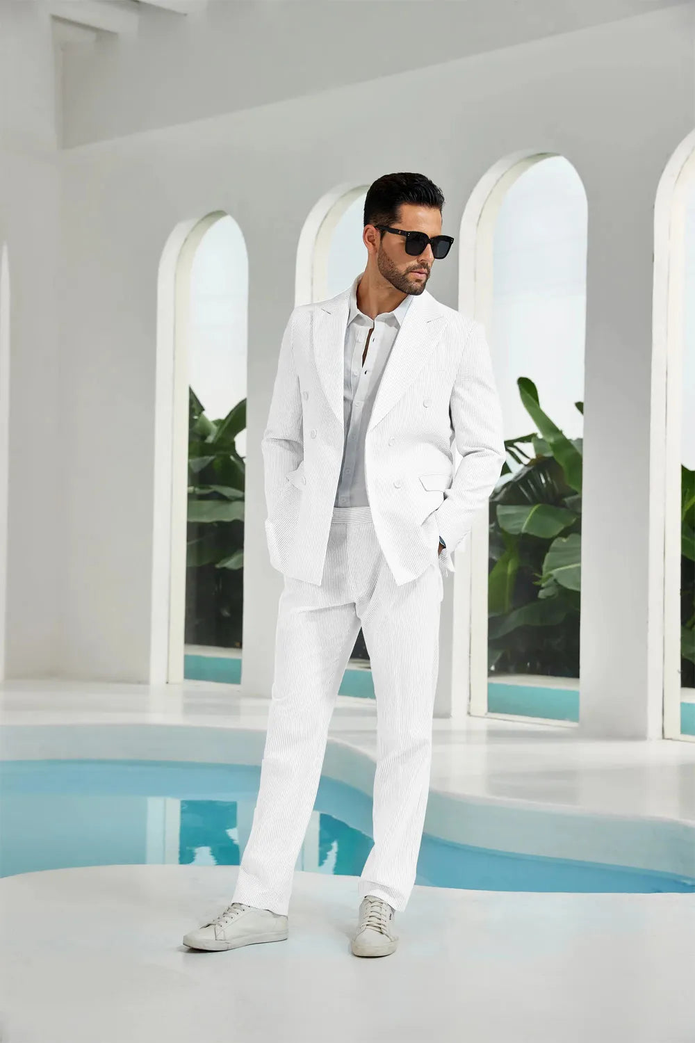 White seersucker double breasted blazer pants 2 piece men's summer suit upgrade version