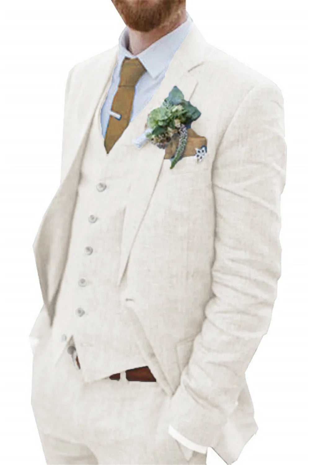 Close-up of men’s white 3 piece linen wedding suit – slim fit linen blazer and vest with boutonniere detail, perfect for beach ceremonies