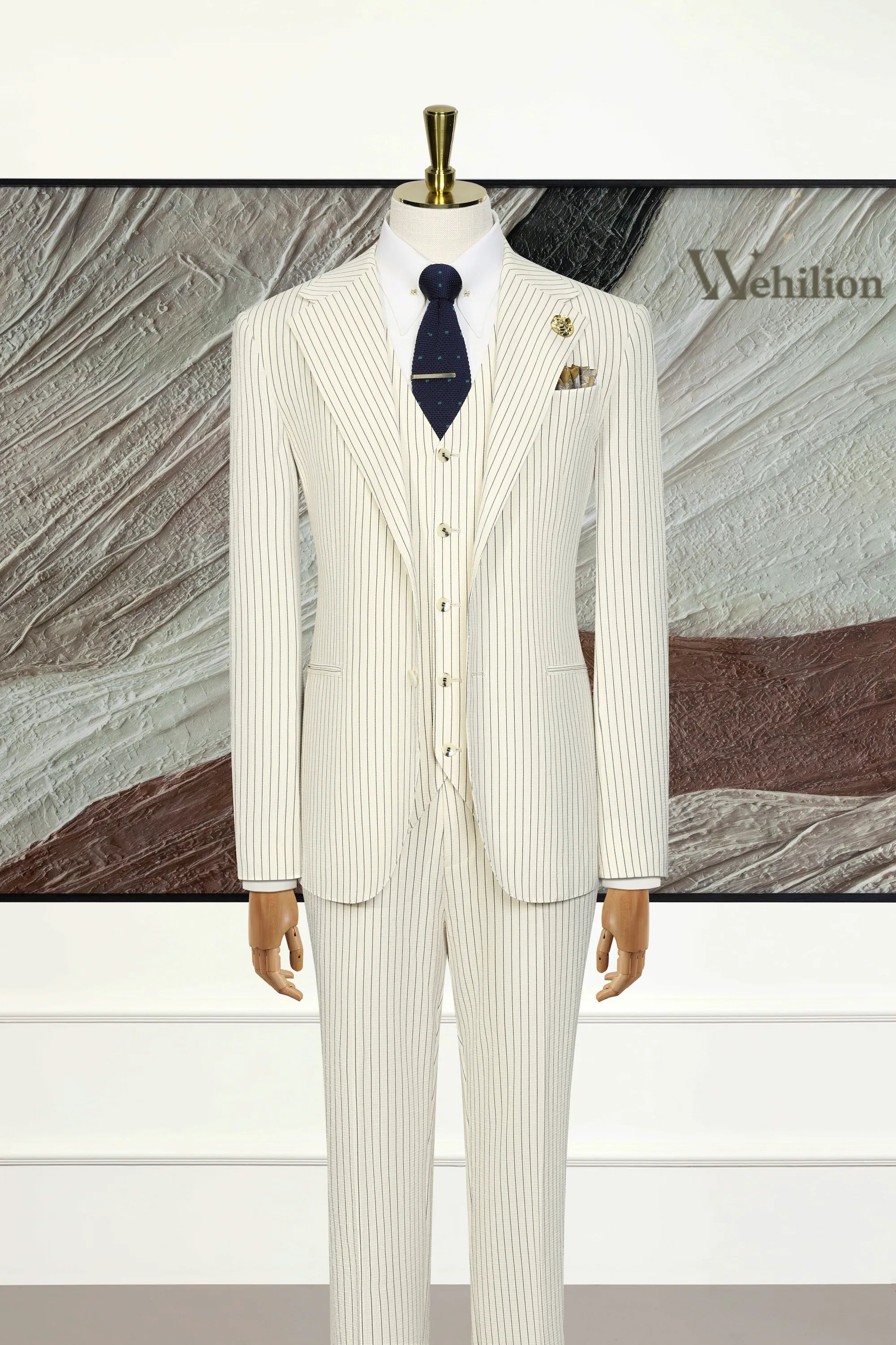 Men's White Stripe 3 Piece Suits