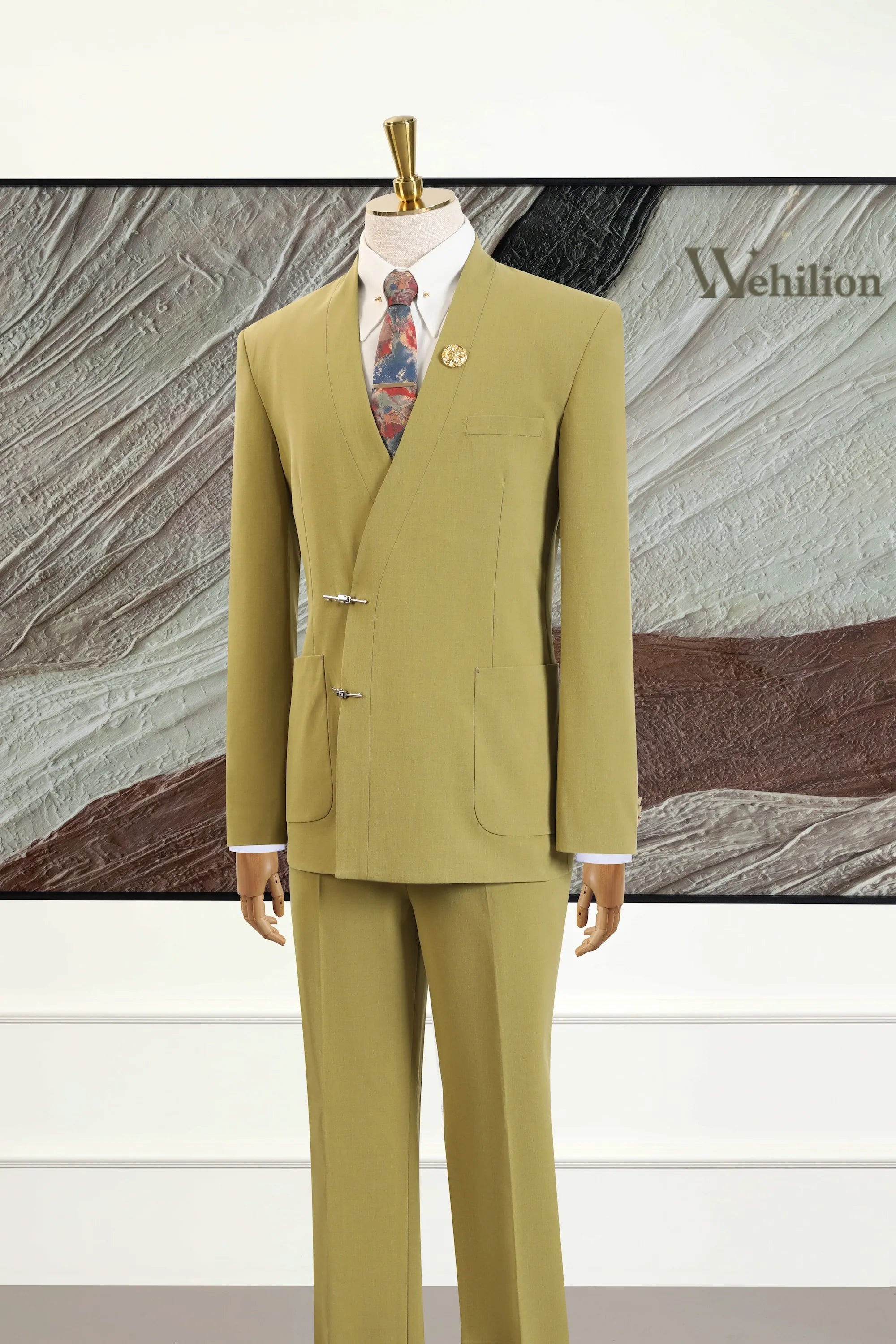 Men's Yellow Collarless 2 Piece Suits