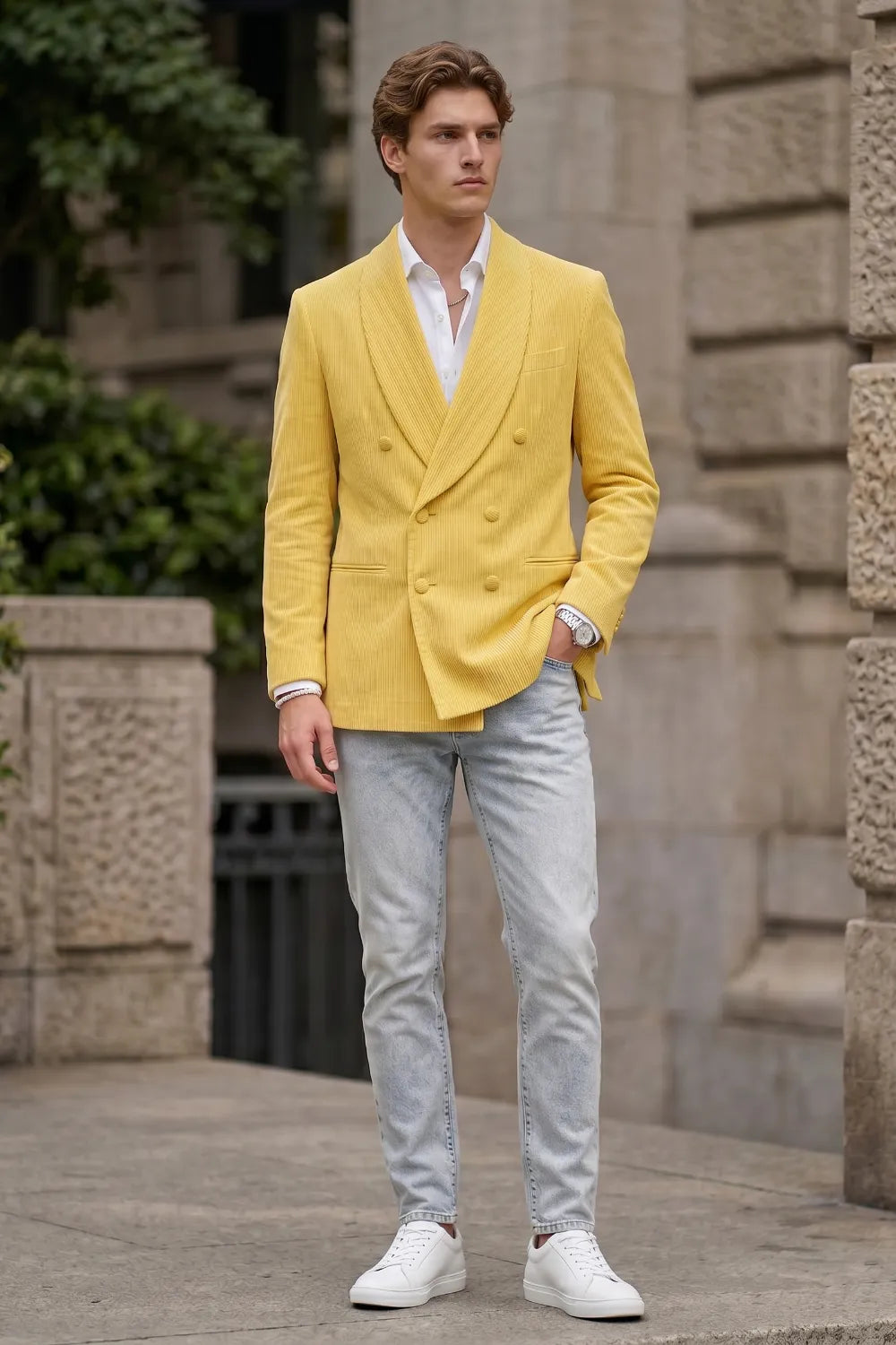 Men's Yellow Shawl Lapel Double Breasted Blazer
