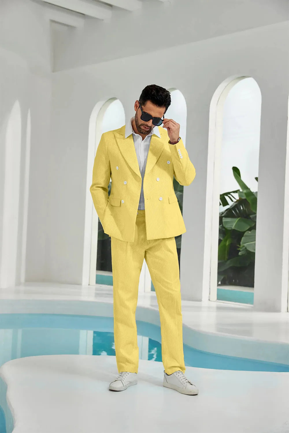 Yellow seersucker double breasted blazer pants 2 piece men's summer suit upgrade version front display